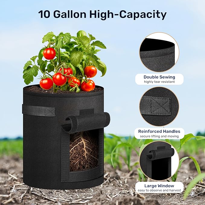 iPower 6 Pack 10 Gallon Potato Grow Bags with Flap, Garden Planting Pot with Durable Handle and Harvest Window, Thickened Nonwoven Fabric Container for Potato, Tomato, Vegetable, Carrot and Fruits