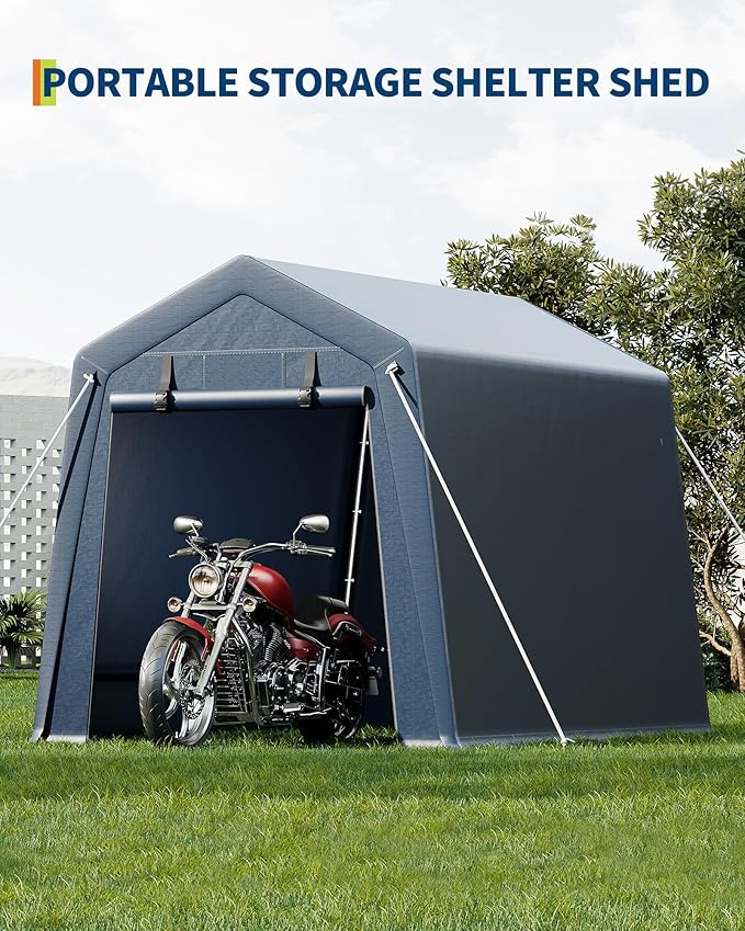 6X8 ft Heavy-Duty Portable Motorcycle Storage Shed with Roll-Up Door & Vent, 220g Waterproof PE Tarp & UV Protection, Motorcycle Shed for Motorcycles, Firewood, Garden Tools - Gray