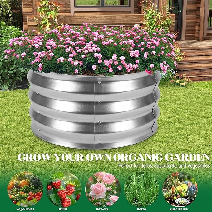 Round Metal Raised Garden Bed 2 Pack with Fabric Liners, 2 ft × 2 ft × 1 ft, Outdoor Planters for Backyard, Patio & Garden (Silver)