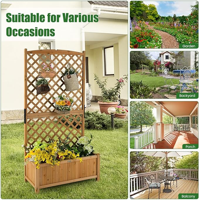 HAPPYGRILL Raised Garden Bed with Trellis, 71" Planter Raised Bed with Drainage Holes, Freestanding Garden Planter for Vine Climbing Plants, Wooden Planter Box for Yard Balcony(1, Yellow)