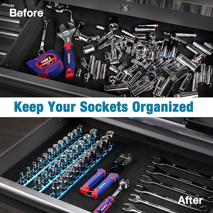 WORKPRO Magnetic Socket Organizer, 1/2-Inch Drive Aluminum Alloy Socket Rail, Heavy Duty Socket Holder, Socket Rack Kit 1/2-Inch x 10 Clips Sky Blue (Socket not Included)