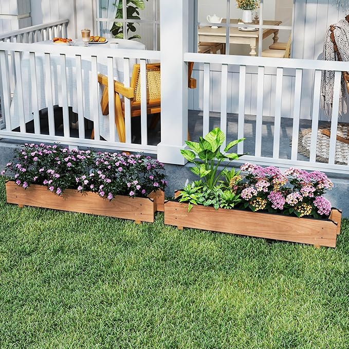 HAPPYGRILL Raised Garden Bed, Wood Flower Planter Box w/4 Drainage Holes, Black Liner for Containing Soil, Indoor Outdoor Wooden Plant Container for Backyard, Patio, Balcony (2,36" x 7" x 6.5")