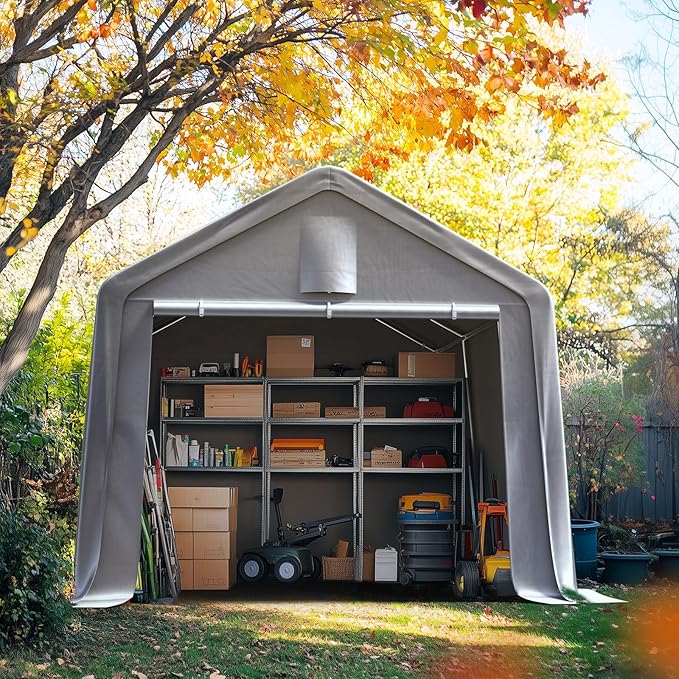 Quictent 10x15FT Carport Shelter Large Storage Shed with Roll-Up Mesh Windows, Heavy Duty Portable Garage for Small Car, Boat, RV Gear Waterproof Storage Tent with Reinforced Frame, Sliver Gray