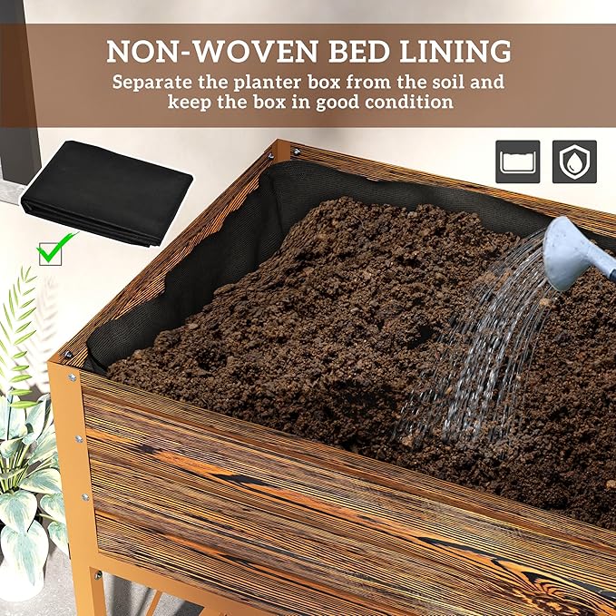 Outsunny Raised Garden Bed with Galvanized Steel Frame, Storage Shelf and Bed Liner, Elevated Planter Box with Legs for Vegetables, Flowers, Herbs, Dark Brown