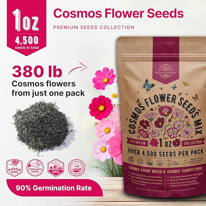 Cosmos Flower Seeds Pack 1 oz - 4,500 Non-GMO Heirloom Annual Seeds for Planting Indoor & Outdoor Gardening, Flower Seed for Garden in Resealable Packet, Floral Mix for Pollinators Perennial Mix