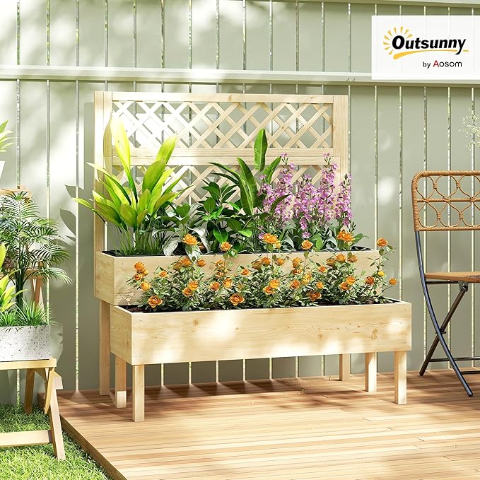 Outsunny 2-Tier Raised Garden Bed with Trellis, Wooden Elevated Planter Box with Drainage Gaps, Liners, Trellis Planter for Climbing Plants, Flowers, Herbs, 42.5" x 24.4" x 47.2", Natural