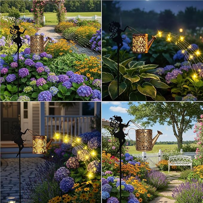 Solar Watering Can with Cascading Lights Outdoor Garden Decor,Waterproof Solar Lantern with Fairy Shepherd Hook,Solar Fairy Lights Outdoor Decoration,Unique Garden Gifts for Women