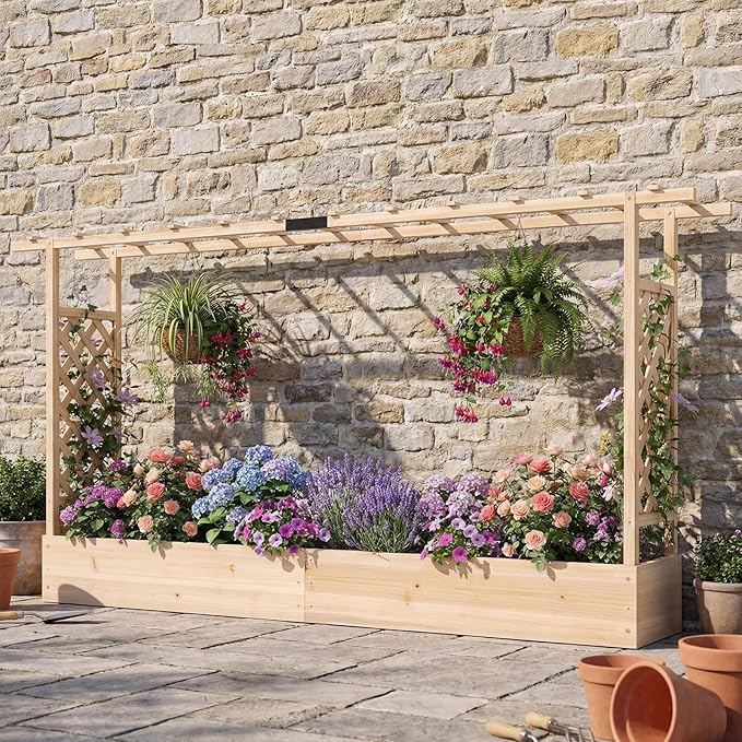S AFSTAR Raised Garden Bed with Trellis, 2-in-1 Fir Wood Planter Box with Flat Roof & Drainage Holes, Vertical Planter Raised Bed for Climbing Plants, Flowers & Vegetables, 87" x 14" x 45" (Natural)
