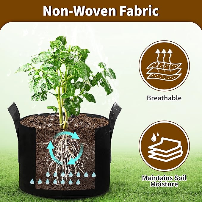6 Pack 5 Gallon Grow Bags, Heavy Duty 300g Nonwoven Fabric Plant Pots with Reinforced Handles, Breathable Tomato Potato Vegetable Grow Bags for Garden & Patio - Black