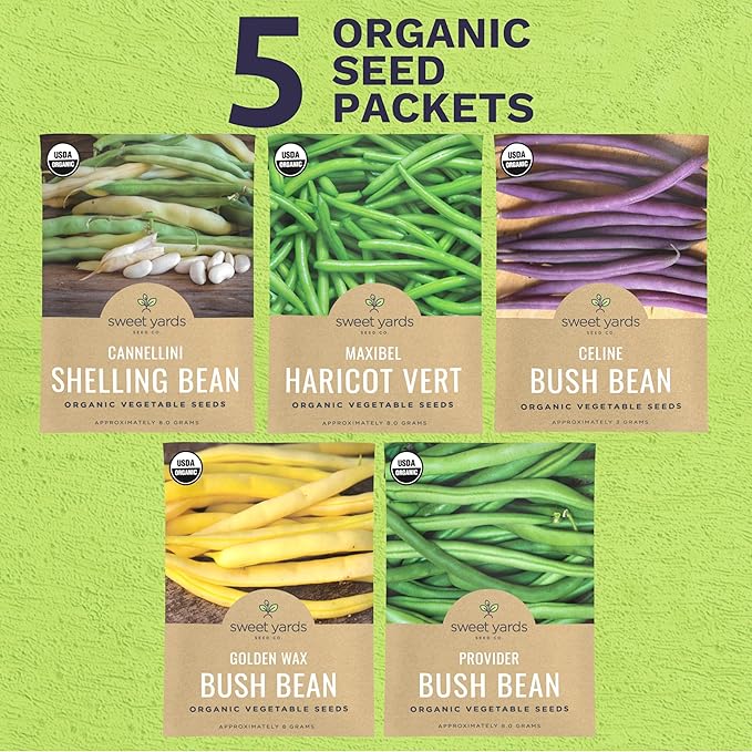 Organic Bean Seeds Variety Pack - 5 Individual Packs - 2026 Season - Golden Wax Bush, Cannellini Shelling Bean and More! For Indoor & Outdoor Planting (Non-GMO, Certified Organic)