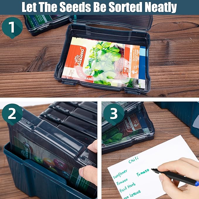 Dark Green Seed Storage Box with 6 Inner 57 Inch Small Boxes, Portable Tool Storage Box for Fishing, Garden Seed Packet Storage Organizer with Label Stickers
