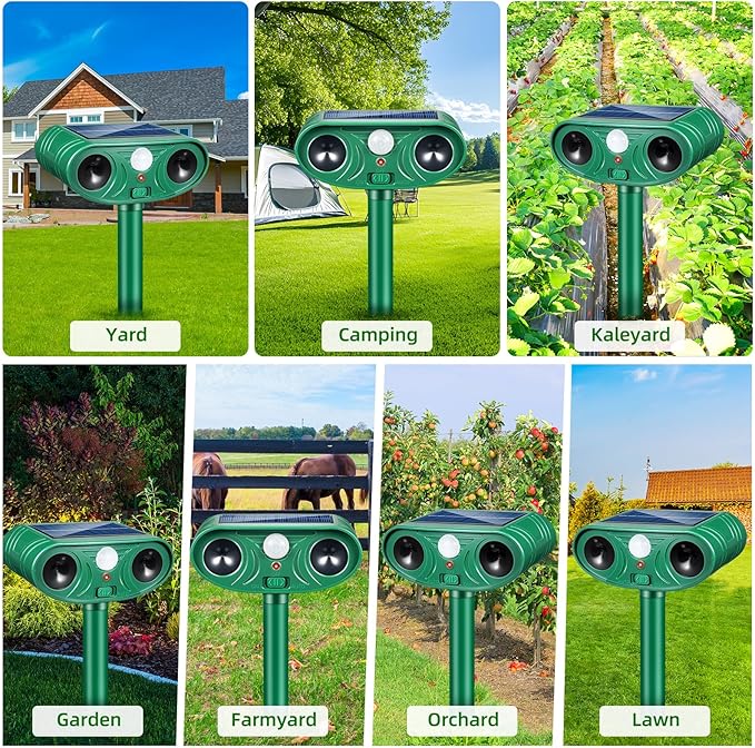 2026 Upgraded Solar Ultrasonic Animal Repellent Deer Repellent Devices Cat Deterrent Outdoor with Motion Sensor Animal Dog Deterrent Keep Raccoon Squirrel Rabbit Away from Yard Lawn Garden 4 Pack