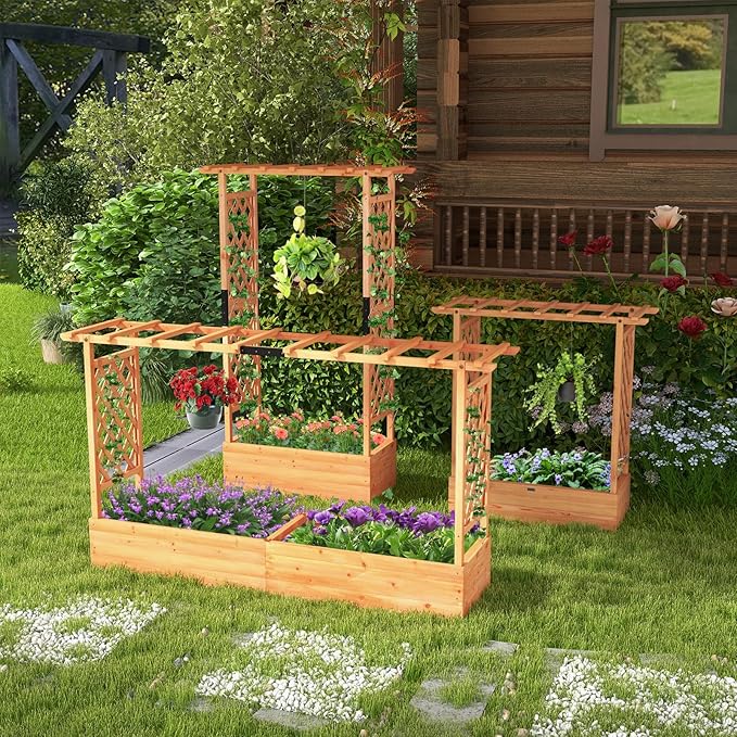 HAPPYGRILL Raised Garden Bed with Trellis, 2 Pack Freestanding Wood Planter Box w/Hanging Roof & 8 Drainage Holes for Vine Climbing Plants Flowers, Outdoor Planter with Trellis for Garden Patio Yard