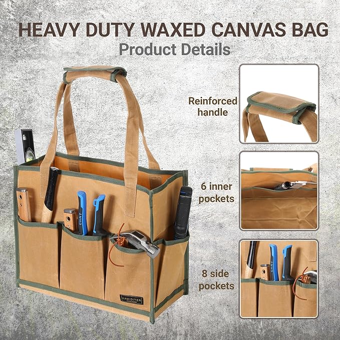 Heavy-Duty 16oz Waxed Canvas Tool Tote Bag - Water-Resistant Wide Mouth Organizer with Reinforced Handle | Large Capacity Tool Storage for Wrenches (16.5" x 12.5" x 6.5", Khaki)