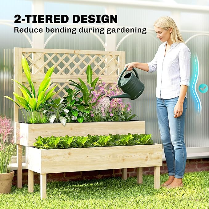 Outsunny 2-Tier Raised Garden Bed with Trellis, Wooden Elevated Planter Box with Drainage Gaps, Liners, Trellis Planter for Climbing Plants, Flowers, Herbs, 42.5" x 24.4" x 47.2", Natural