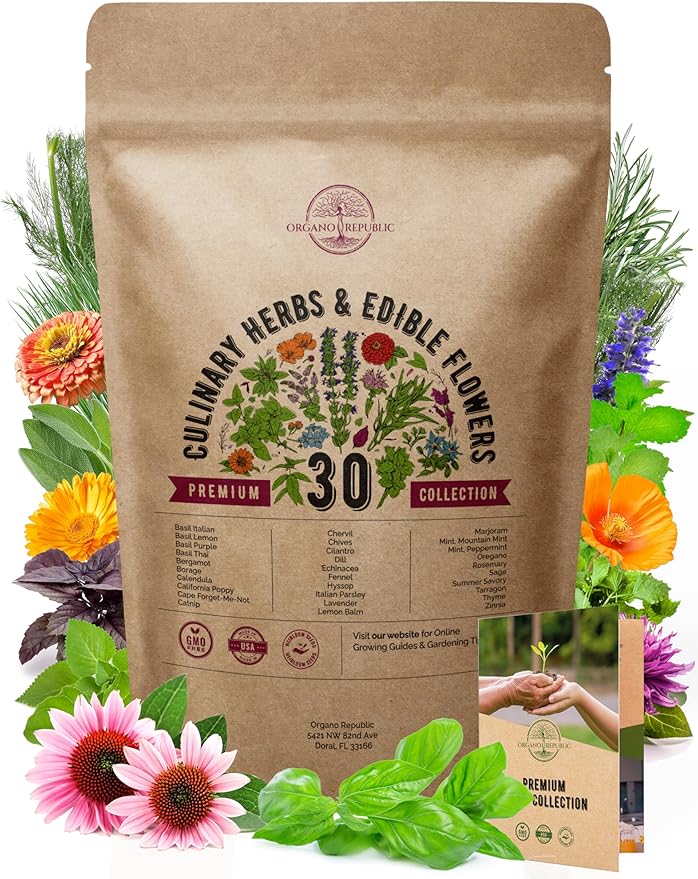 Organo Republic 30 Culinary Herbs & Edible Flower Seeds Variety Pack- Indoor/Outdoor. 7400+ Non-GMO Heirloom Flower Seeds: Basil, Borage, Echinacea, Lavender, Oregano, Rosemary Seeds & More