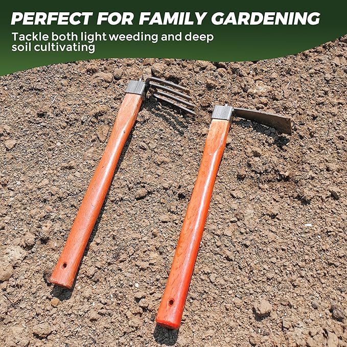 Heavy Duty Garden Tool Set, 2-Piece Hand Cultivator Kit with Carbon Steel Hoe & Rake, 15.2inch Wooden Handle Gardening Hand Tools for Digging, Weeding, Loosening Soil