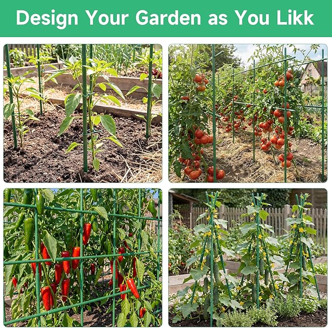 100 Pcs Tomato Stakes 16 Inch Garden Stakes for Outdoor Plants Support Plastic Coated Metal Plant Stakes Supports for Climbing Potted Plants with 50 Connectors 50 Rotatable Clips 165 Ft Twist Tie