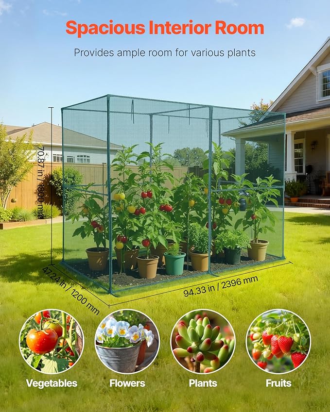 VEVOR Crop Cage, 7.8 x 3.9 x 5.9 ft Plant Protection Tent with Zippered Door, Wind-Resistant Tall Crop Cage, Easy to Install, Outdoor Raised Bed Cover, Tomato Plant Netting for Garden Patio Lawn