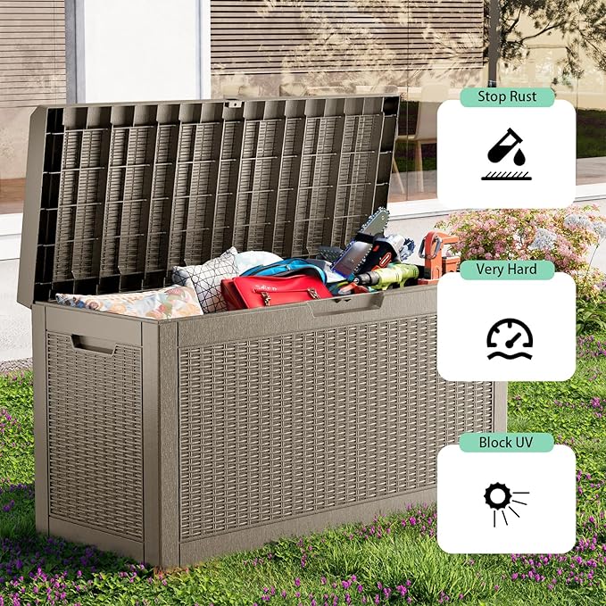 DRATO 70 Gallon Outdoor Storage box Waterproof, Resin Large lockable Deck Storage Box, Waterproof Storage Containers and Patio Furniture Side Table for Pool and Garden Accessories (70 Gallon, Gray)