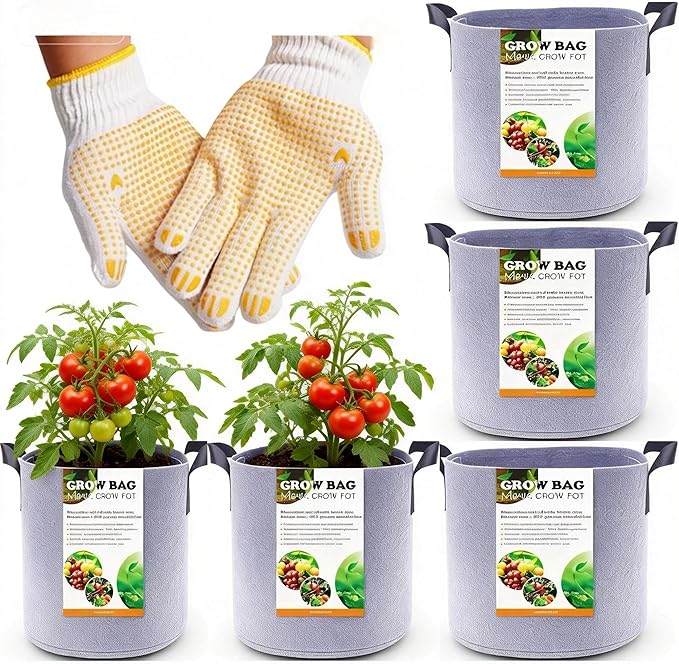 Grow Bags 5 Gallon Pots Gallon Grow Bag Fabric Plant Vegetable Pots with Handles and Drainage Areation Reusable 2-12 Nursery Pot Gallon Grow Bags with 1 Non-Slip Gardening Gloves,5pcs (5 gallon)