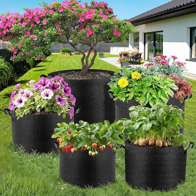 Jorvila 5 Pack 5 Gallon Grow Bags, Thickened Nonwoven Fabric Planter Pots with Handles, Heavy Duty 300G Garden Pots for Tomato, Potato and Vegetable