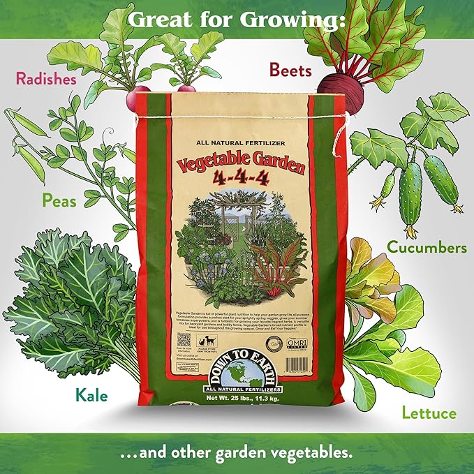 Down To Earth All Natural Fertilizers Organic Vegetable Garden - Plant Food for Vegetables, Herbs, Greens and Raised Beds 4-4-4, 25 lb