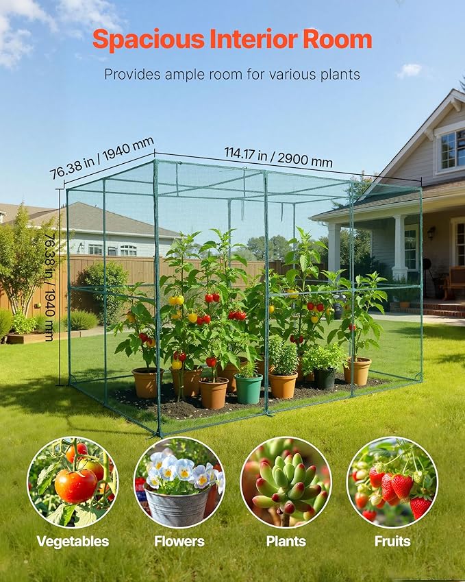 VEVOR Crop Cage, 9.5 x 6.36 x 6.36 ft Plant Protection Tent with Zippered Door, Wind-Resistant Tall Crop Cage, Easy to Install, Outdoor Raised Bed Cover, Tomato Plant Netting for Garden Patio Lawn