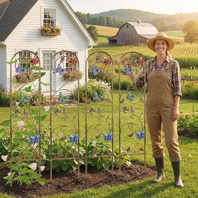 Blulu 4 Pack Metal Garden Trellis for Climbing Plants, 60x11 Inch Detachable Rustproof Arched Fence Flower Vegetable Plant Stand for Outdoor Patio Yard Lawn Decorative(Butterfly)