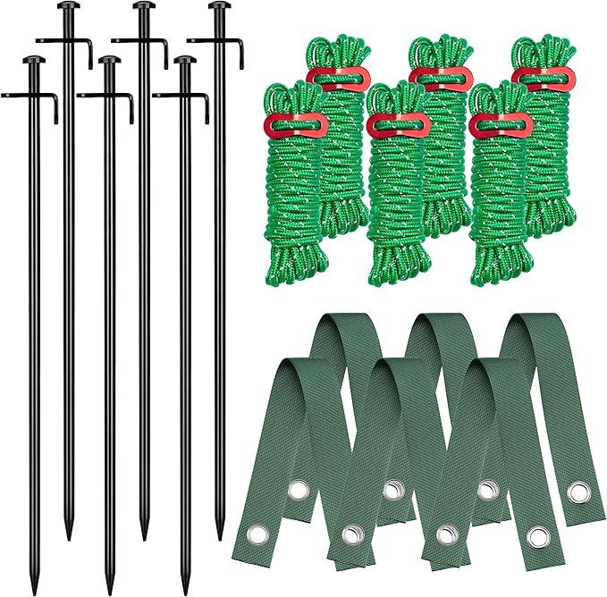 Kingsyard Heavy Duty Tree Stake Kit, 6 Pcs 16 Inch Steel Tree Stakes and Supports for Leaning Young Trees Straightening Kit Against Bad Weather, with 6Pcs Straps & 6Pcs 13ft Anchor Ropes
