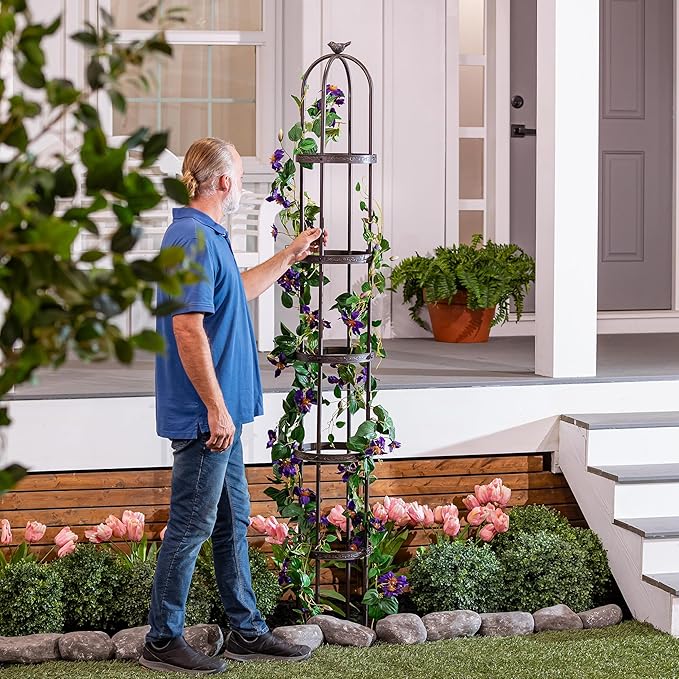 Evergreen 7 Feet Garden Metal Garden Obelisk Trellis for Climbing Plants Outdoor | Indoor Plant Trellis for Potted Plants | Floral Pattern Arch Trellis | Bronze