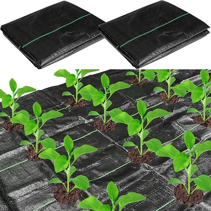 CODREE 2 Pcs Heavy-Duty Garden Weed Barrier - 13 x 4 Ft Landscape Fabric with Planting Holes - Weed Control Gardening Mat with 12 Ground Nails