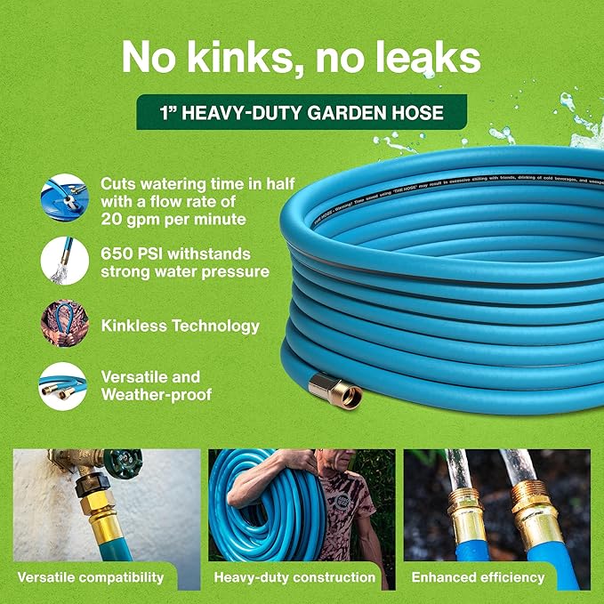 Aeromixer THE HOSE: All-In-One Watering Kit - Heavy Duty 1" 100 Ft Garden Hose, Kinkless Garden Hoses, Commercial Grade Water Hoses, 650 PSI High-Pressure Watering Tool for Farming and Gardening