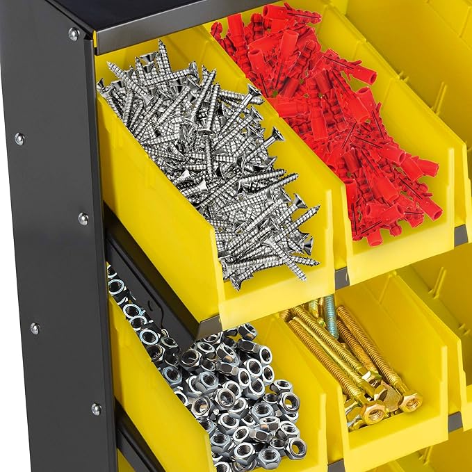 Small Parts Organizer with 24 Plastic Storage Bins - Powder-Coated Steel Rack with Removable Drawers for Garage Organization by Stalwart (Yellow)