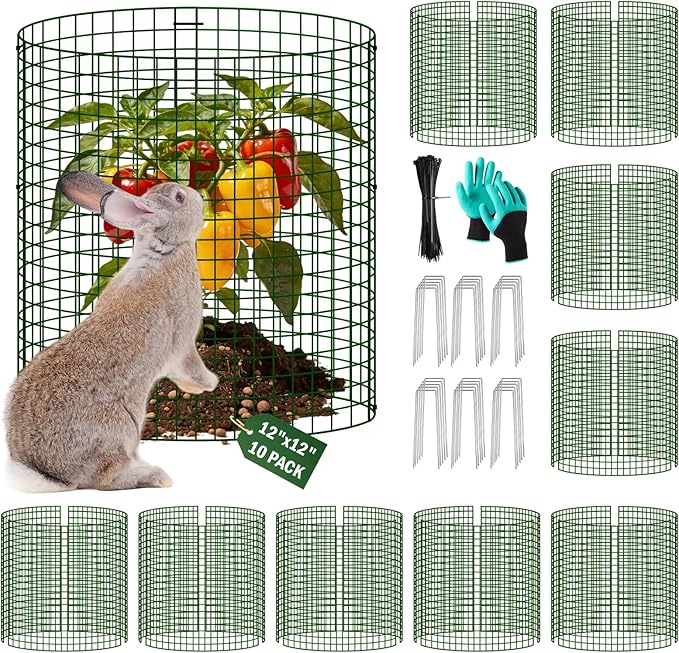 Uyittour 10 Pack Plant Protectors from Animals, 12" x 12" Round Metal Wire Garden Plant Cages to Keep Animals Out, Rabbit Proof Protection for Vegetables & Flowers with Stakes, Zip Ties & Gloves