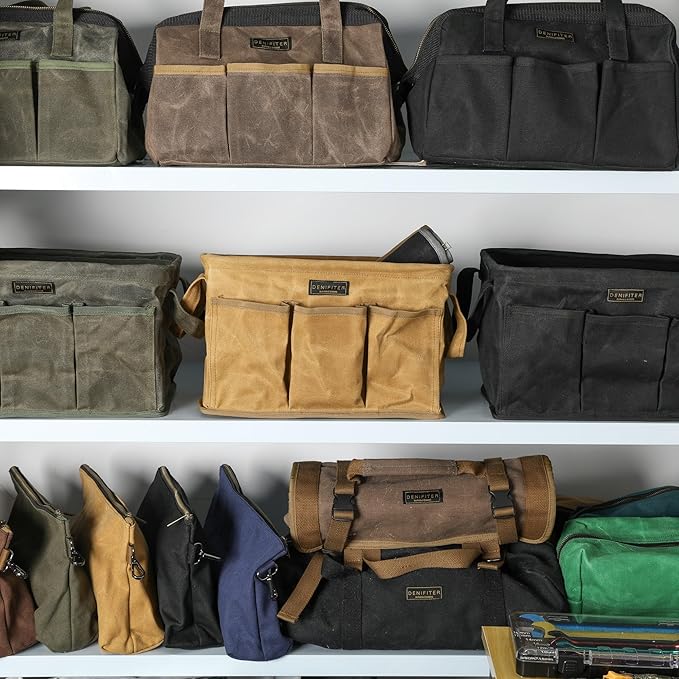 Tool Bag for Organizing, Waxed Canvas Wide Open Top Tool Tote Bag with 6 External Pockets, 13.8 x 7.8 x 7.8 Inches 3-Pack (ArmyGreen)