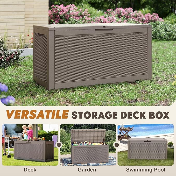 Oudoor Storage Deck Boxes Waterproof, Waterproof and UV Resistant Outdoor Storage Box Lockable Lid for Delivery Box, Indoor, Garden Tools, Pool Supplies, Patio (Grey, 100 Gallon)