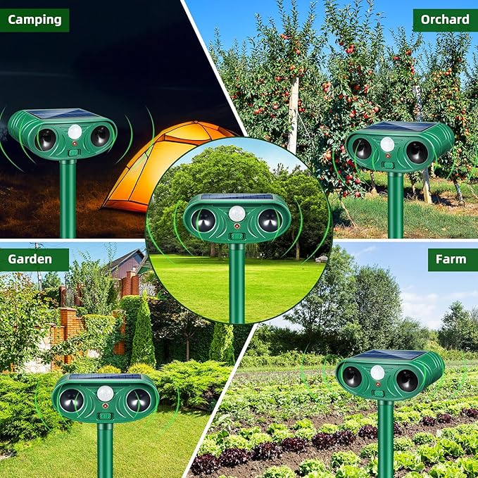 2026 Solar Animal Repellent Outdoor&Cat Repellent Outdoor with Motion Deer Repellent Devices Ultrasonic Cat Deterrent Fox Raccoon Squirrel Rabbit Coyote Deterrent for Farm Orchard Garden 2 PCS