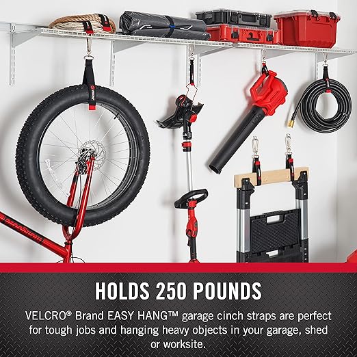 VELCRO Brand Easy Hang Heavy Duty Cinch Strap with Carabiner Hook – Garage & Outdoor Organizer, Holds 250 lbs, 24in x 1.25in