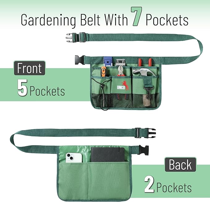 UNCO- Adjustable Gardening Belt, Green, 7 Pockets, Wear, Cut and Water Resistant, Garden Tool Belt Pouch, Waist Apron with Pockets