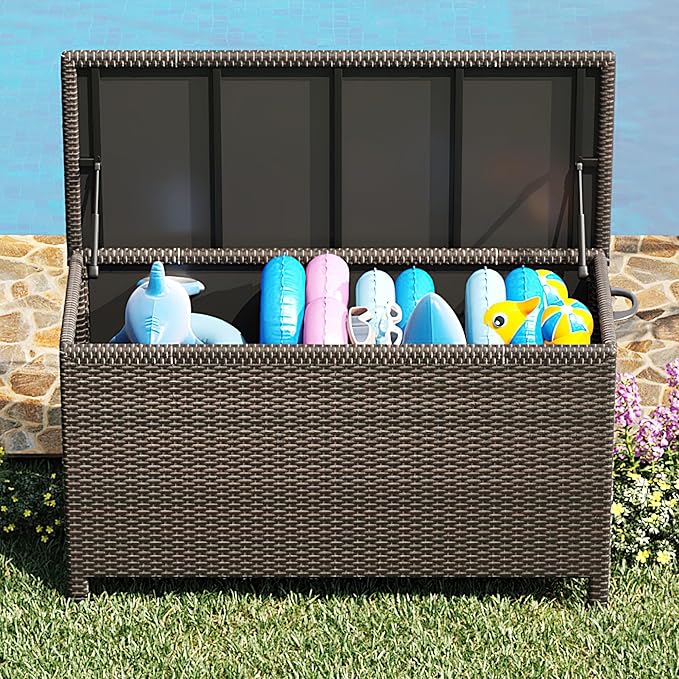 Wicker Deck Box, 185 Gallon All-Weather Outdoor Storage Box, Rattan Storage Bin for Patio Furniture, Outdoor Cushions, Pool Storage and Garden Tools, Brown