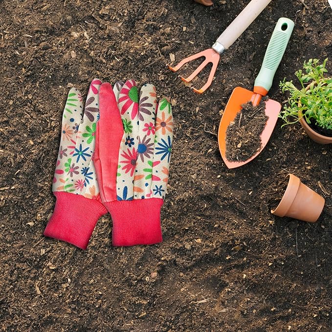 Red Garden Gloves for Women Medium Size, Work Gloves Women Style Pack of 12 (6 Pairs), Polyester and Cotton Gardening Glove, Non-Slip Yard Work Glovs