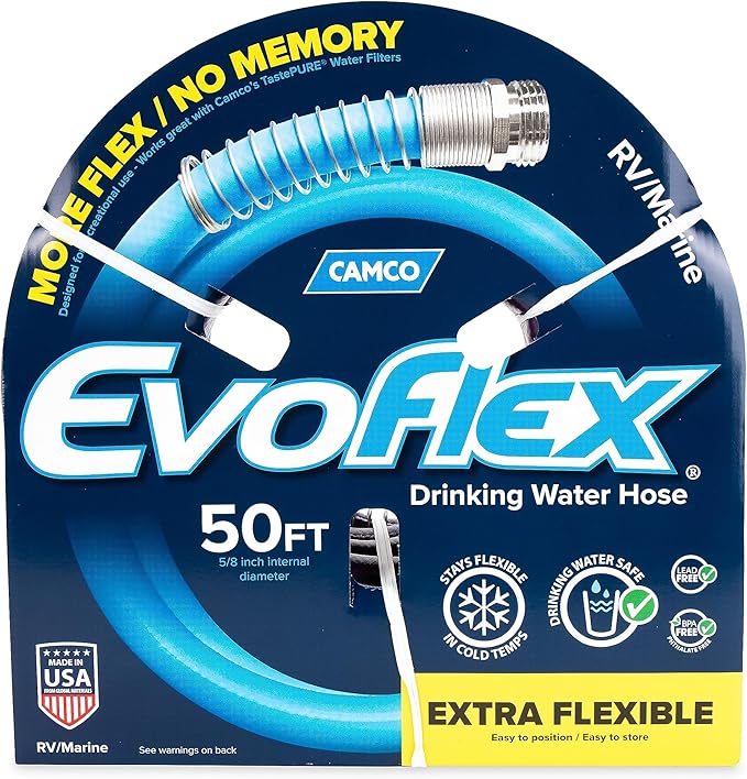 Camco EvoFlex 50-Ft Water Hose - RV Drinking Water Hose Contains No Lead, No BPA & No Phthalate - Flexible Design w/Stainless Steel Strain Relief Ends - 5/8” Inside Diameter, Purple (22586)