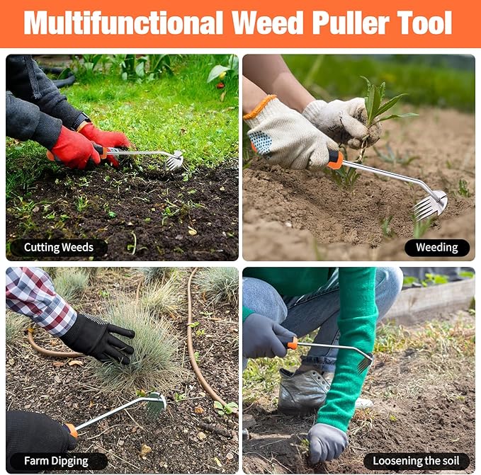 Weed Puller Tool, Portable Garden Weeder Tool, 2026 New Model Rubber Non-Slip Handle Stainless Steel 5-Teeth Weeding Tool, Garden Tools for Vegetable Gardening Backyard Farm Planting & Weeding Tool