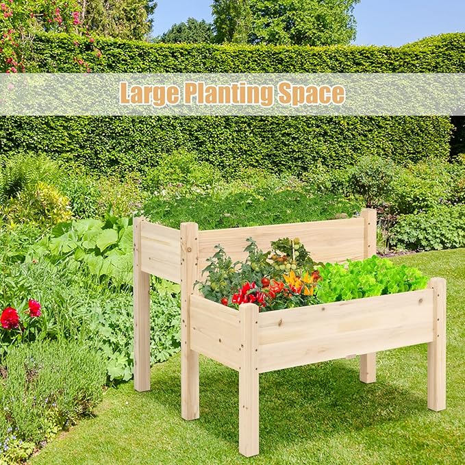 S AFSTAR Raised Garden Bed Set of 2, Wood Elevated Planter Beds with 8 Drainage Holes & 2 Planter Boxes, 3.5 Cu.Ft Above Ground Rise Garden Beds for Flowers Vegetables Herbs,