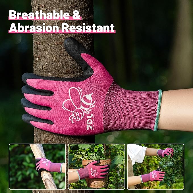 JDL 12 Pairs Nylon Nitrile Coated Gardening Gloves for Women, Touchscreen Yard Garden Gloves, Breathable Safety Work Gloves with Grip, Pink, Medium