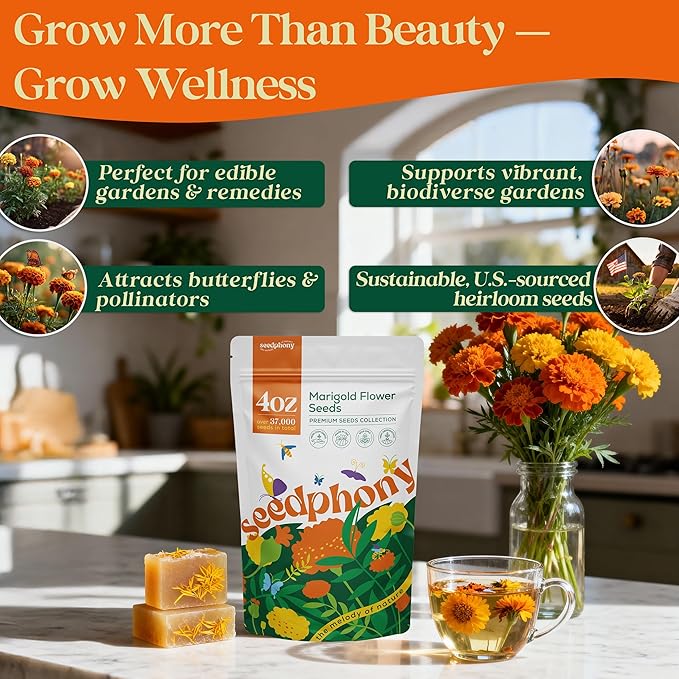 Marigold Seeds Pack 4 oz - 37,000 Non-GMO Heirloom Marigold Seeds for Planting, Perennial Flowers in Waterproof Seed Packet, Wildflower Seeds for Planting Garden Indoor & Outdoor Gardening