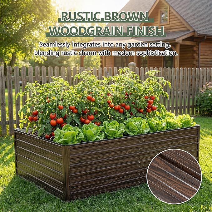 Galvanized Raised Garden Beds, 8x4x2FT Outdoor Planter Boxes with Safety Edging and Gloves, Rustic Country Style Metal Garden Bed Kit for Vegetables Flower and Fruits (Brown Wood Grain