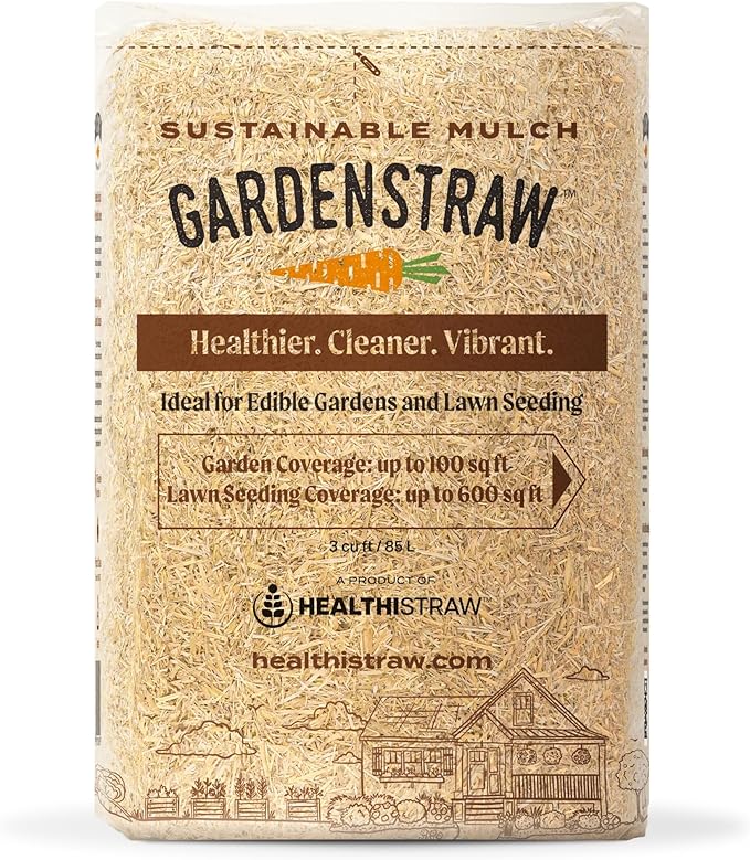 GardenStraw, 3 cu ft (20 lbs) All-Natural Mulch for Gardens, Vegetables & Lawn Seeding – Water-Conserving Wheat Straw – Thoroughly Cleaned, Sustainable