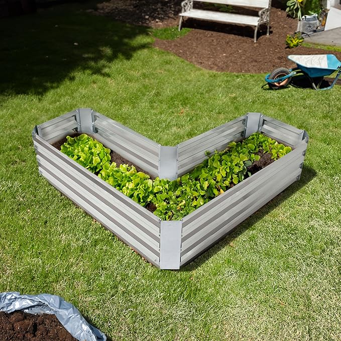 Sunnydaze Galvanized Raised Garden Bed - Metal Raised Bed for Gardening - Outdoor Planter Box for Flowers, Plants, and Vegetables - Silver - 12” H L-Shaped